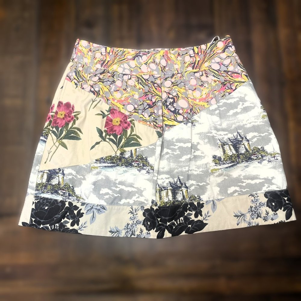 Anthropologie Leifnotes Sz 10 Floral Fortress Skirt Castle Print Art to Wear AOP